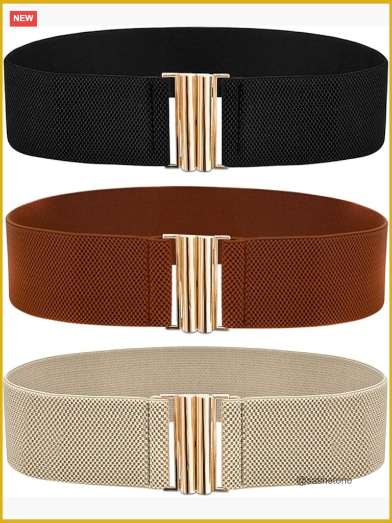 Wide Stretchy Elastic Belt With Flat Metal Buckle For Dresses